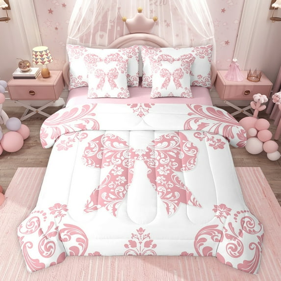 Castle Fairy Bohemian Flower Bow Twin Bedding Sets 7-Piece for Children Boys Girls,Boho Exotic Style Bedding Comforter Set Microfiber,Traditional Floral Damask Breathable Sheet Sets