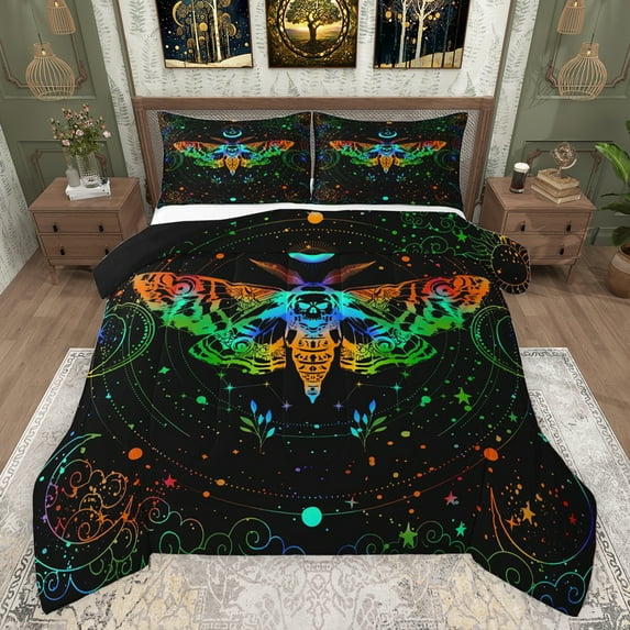 Castle Fairy Bohemian Flying Moth 3 Pieces Queen Comforter Set for Kids Teens Adults,Abstract Gradient Moon Stars Print Ultra Soft Bedding Sets,Boho Exotic Style Bedding Comforter Set Breathable