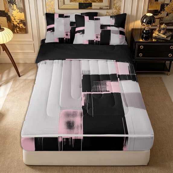 Castle Fairy Bohemian Geometric Block Zipper Twin Comforter Sets with Fitted Sheet and 2 Pillowcases,Minimalism Vertical Streak Zipper Bedding Set,Black Pink Gray,Reversible