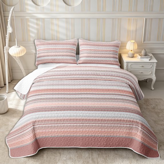 Castle Fairy Bohemian Horizontal Stripe Quilt King 3 Pieces,Hippie Line King Coverlet Set,Pink Taupe White,1 Bedspread and 2 Pillowcases