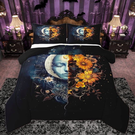 Castle Fairy Bohemian Moon Sun 3 Pieces Queen Comforter Set for Female Men Adults,Traditional Chic Floral Ultra Soft Bedding Sets,Exotic Style Bedding Comforter Set Breathable,Luxury Bedroom Decor