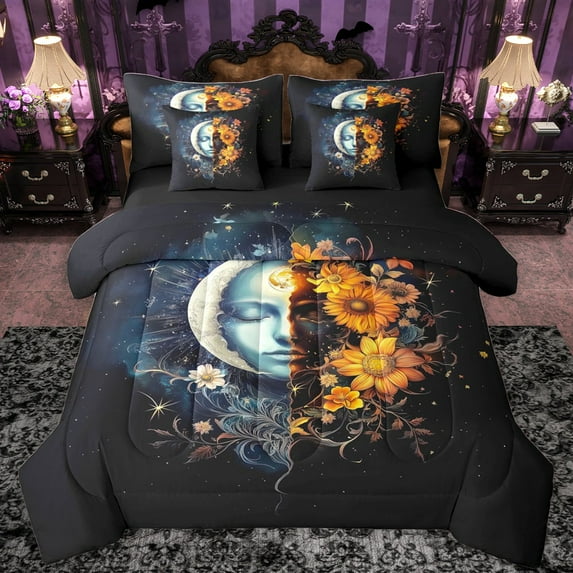 Castle Fairy Bohemian Moon Sun Bedding Comforter Set 7pcs for Female Men Adults,Traditional Chic Floral Queen Bedding Sets Super Cozy,Exotic Style Queen Sheet Sets,Luxury Bedroom Decor,Reversible