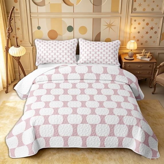 Castle Fairy Bohemian Oval Grid Twin Quilt Set 2 Pieces,Vintage Rounded Twin Coverlet Set,Pink White,1 Bedspread and 1 Pillowcase
