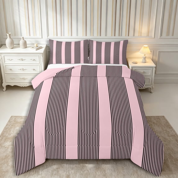 Castle Fairy Bohemian Thin Vertical Stripe King Size Comforter Sets 3pcs,Boho Wide Band Comforters King Size,Black Pink,Reversible,1 Comforter and 2 Pillowcases