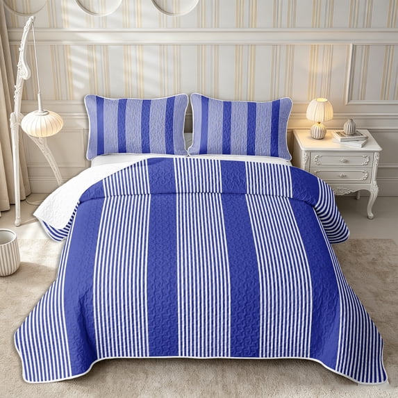 Castle Fairy Bohemian Thin Vertical Stripe Quilt Full 3-Piece,Boho Wide Band Full Bedspread Sets,Navy White,1 Coverlet and 2 Pillowcases