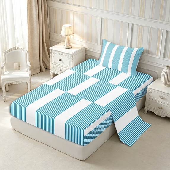 Castle Fairy Bohemian Thin Vertical Stripe Twin Sheets 3pcs,Boho Wide Band Bedding,Cyan White,1 Flat Sheet, 1 Fitted Sheet and 1 Pillowcase