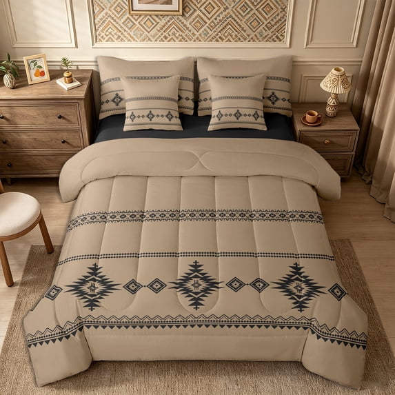 Castle Fairy Bohemian Tribal Aztec 7-Piece Twin Bedding,Hippie Boho Bedding Comforter Set,Taupe Black,Reversible