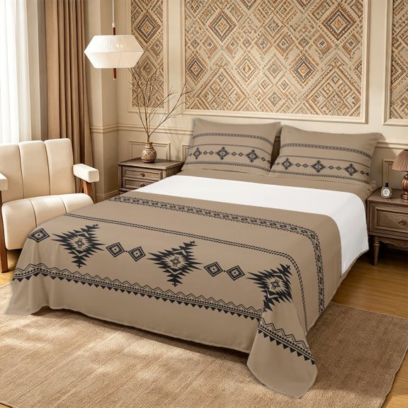 Castle Fairy Bohemian Tribal Aztec Queen Sheets 4 Pieces,Hippie Boho Queen Sheet Sets,Taupe Black,1 Flat Sheet, 1 Fitted Sheet and 2 Pillowcases