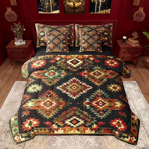 Castle Fairy Bohemian Tribal Aztec Twin Bedding Sets 7-Piece for Kids Boys Girls,Hippie Abstract Geometric Bedding Comforter Set Microfiber,Western Exotic Style Breathable Sheet Sets