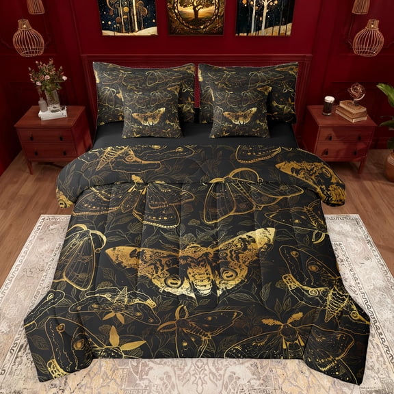 Castle Fairy Boho Animal Moth Twin Bedding Sets 7-Piece for Children Teenagers Adults,Black Golden Bedding Comforter Set Microfiber,Gothic Exotic Style Breathable Sheet Sets,Lightweight Room Decor
