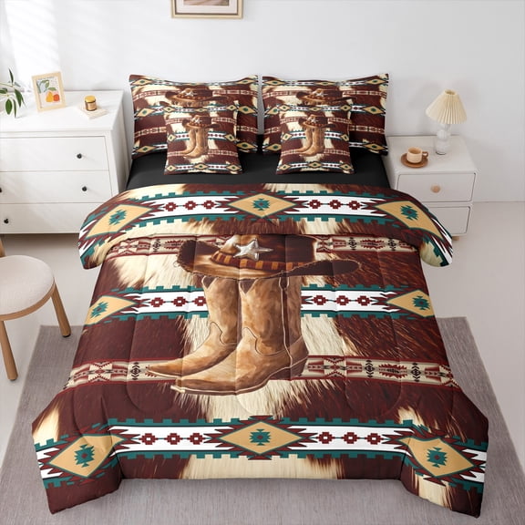 Castle Fairy Boho Aztec Bedding Comforter Set,Western Cowboy Boots King Bedding Sets