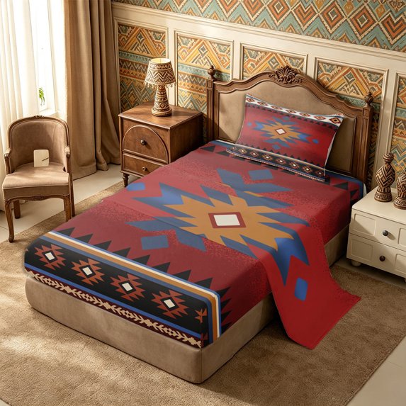 Castle Fairy Boho Aztec Motif Twin Sheets 3pcs,Retro Tribal Geometric Bedding,Burgundy Ochre Red,1 Flat Sheet, 1 Fitted Sheet and 1 Pillowcase