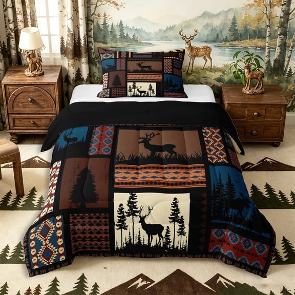 Castle Fairy Boho Aztec Wildlife Bear Twin Comforter Sets 2pcs,Tribal Style Bedding Set,Sepia Red Blue,Black Reversible,1 Comforter and 1 Pillowcase