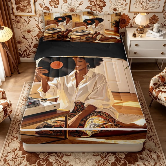 Castle Fairy Boho Black Woman Zipper Twin Comforter Sets with Fitted Sheet and 2 Pillowcases,Vinyl Record Art Zipper Bedding Set,Yellow,Black Reversible,4-Piece
