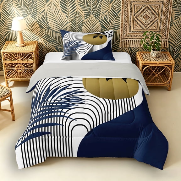 Castle Fairy Boho Blue Leaf Twin Comforter Sets 3-Piece for Teens, Abstract Gold Sun Bedding Set for Bedroom, Blue Gold,Grey Reversible