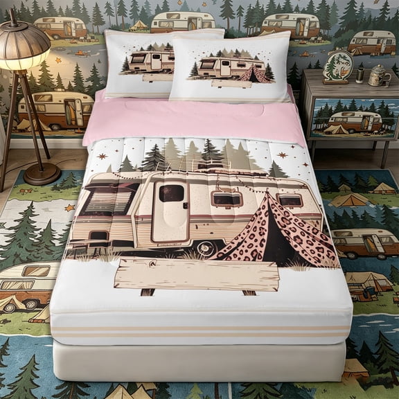 Castle Fairy Boho Camper Zipper Full Size Comforter Sets with Fitted Sheet and 2 Pillowcases,Leopard Tent Forest Zipper Bedding Set for Bedroom,Brown White,4pcs,Pink Reversible