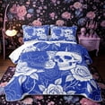 thumbnail image 1 of Castle Fairy Boho Crowned Skull Bed Spread Queen,Spooky Rose Bloom Queen Coverlet Set,Royal Blue White, 1 of 7