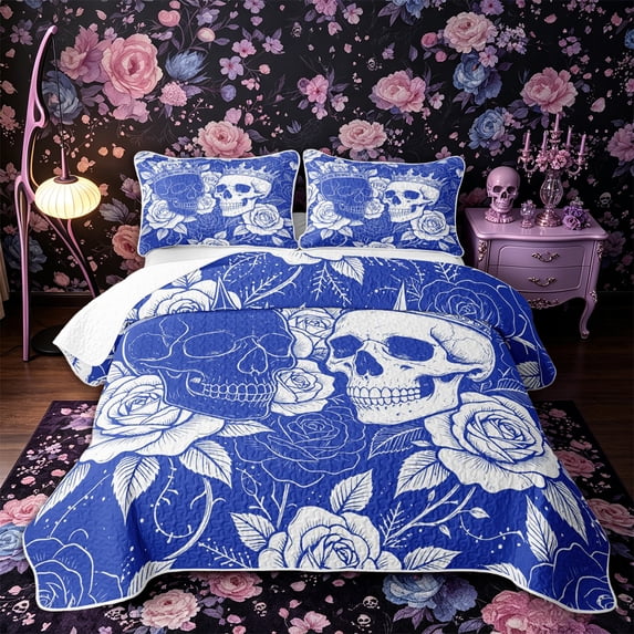 Castle Fairy Boho Crowned Skull Bed Spread Queen,Spooky Rose Bloom Queen Coverlet Set,Royal Blue White