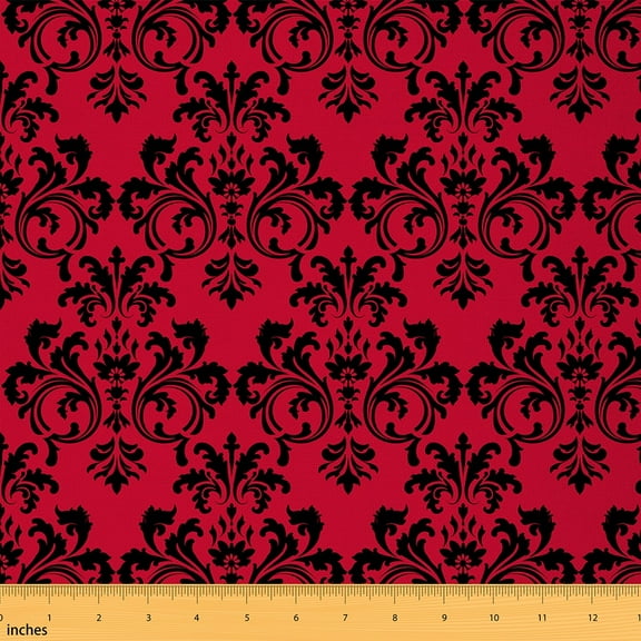 Castle Fairy Boho Damask Flower Fabric by the Yard 1 Yard, Retro Blossoms Room Decor Fabric by the Yard, Hippie Baroque Floral Fabric for Sewing, Black Red Room Decor