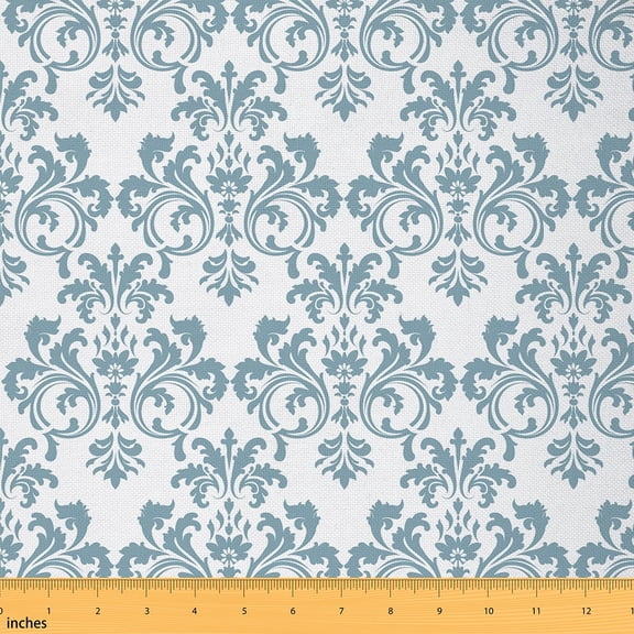 Castle Fairy Boho Damask Flower Fabric by the Yard 1 Yard, Retro Blossoms Room Decor Fabric by the Yard, Hippie Baroque Floral Fabric for Sewing, White Blue Room Decor
