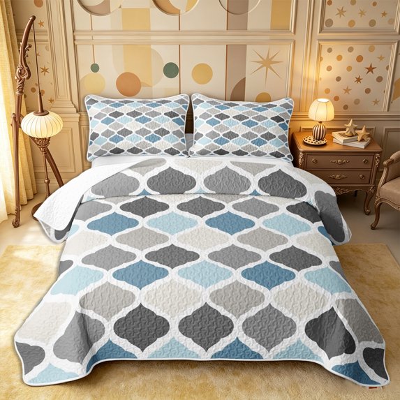 Castle Fairy Boho Geometric Quatrefoil Twin Quilt Set 2 Pieces,Minimalism Rhombus Grid Twin Coverlet Set,Blue Gray Ivory,1 Bedspread and 1 Pillowcase