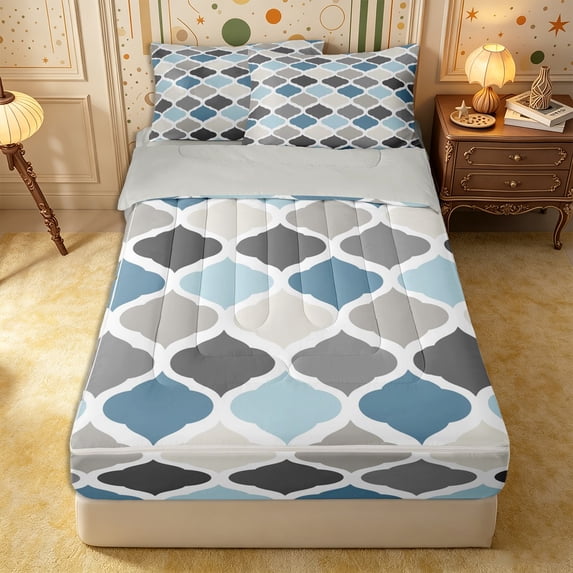Castle Fairy Boho Geometric Quatrefoil Zipper Twin Comforter Sets with Fitted Sheet and 2 Pillowcases,Minimalism Rhombus Grid Zipper Bedding Set,Blue Gray Ivory,Reversible