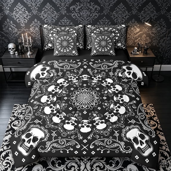 Castle Fairy Boho Gothic Skull 7-Piece Twin Bedding,Traditional Floral Bedding Comforter Set,Black Ivory,Black Reversible
