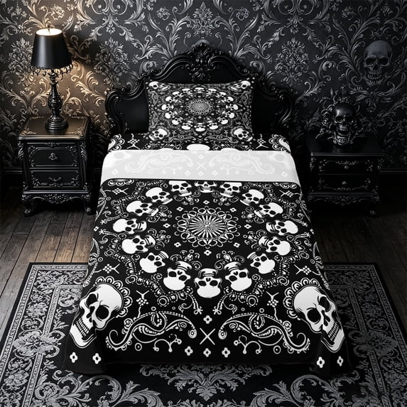 Castle Fairy Boho Gothic Skull Twin Sheets 3pcs,Traditional Floral Bedding,Black Ivory,1 Fitted Sheet,1 Flat Sheet and 1 Pillowcase
