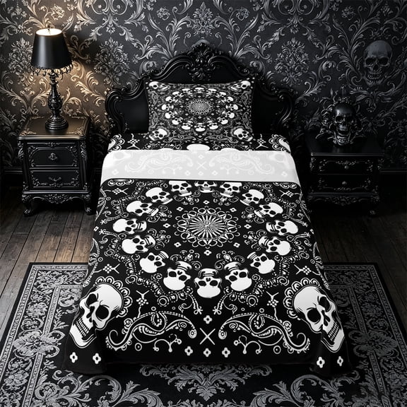 Castle Fairy Boho Gothic Skull Twin Sheets 3pcs,Traditional Floral Bedding,Black Ivory,1 Fitted Sheet,1 Flat Sheet and 1 Pillowcase