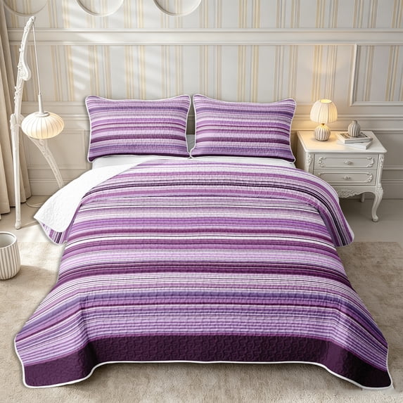 Castle Fairy Boho Horizontal Stripe Quilt King 3 Pieces,Bohemian Thin Line King Coverlet Set,Violet Lavender White,1 Bedspread and 2 Pillowcases