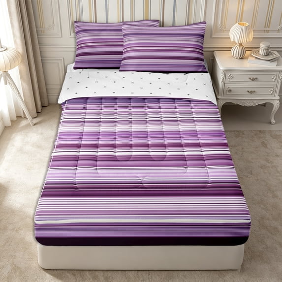 Castle Fairy Boho Horizontal Stripe Zipper Full Size Comforter Sets with Fitted Sheet and 2 Pillowcases,Bohemian Thin Line Zipper Bedding Set,Violet Lavender White,Reversible