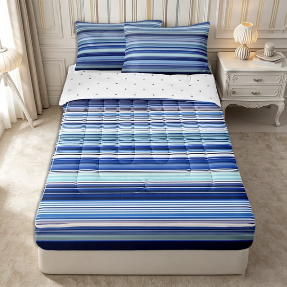 Castle Fairy Boho Horizontal Stripe Zipper Queen Comforter Set with Fitted Sheet and 2 Pillowcases,Tribal Line Zipper Bedding Set,Sky Navy Cyan,Reversible