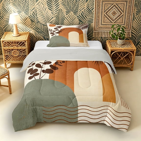 Castle Fairy Boho Leaf Art Twin Comforter Sets 3-Piece for Teens, Abstract Print Bedding Set for Bedroom, Orange Sage,Grey Reversible