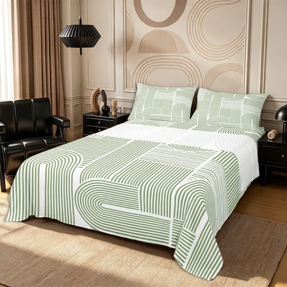 Castle Fairy Boho Linear Arch Pattern King Sheets 4pcs,Retro Curved Strip Graphic Bedding,White Sage Green,1 Flat Sheet, 1 Fitted Sheet and 2 Pillowcases