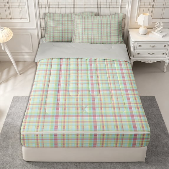 Castle Fairy Boho Pastel Plaid Grid Zipper Full Size Comforter Sets with Fitted Sheet and 2 Pillowcases,Minimalist Thin Line Zipper Bedding Set,Mint Pink Yellow,Reversible