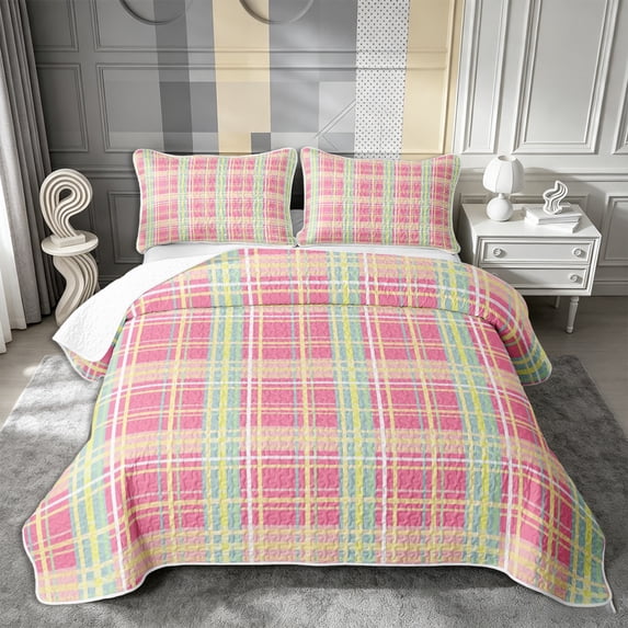 Castle Fairy Boho Pastel Plaid Quilt King 3 Pieces,Abstract Multi-Line Grid King Coverlet Set,Pink Mint Yellow,1 Bedspread and 2 Pillowcases