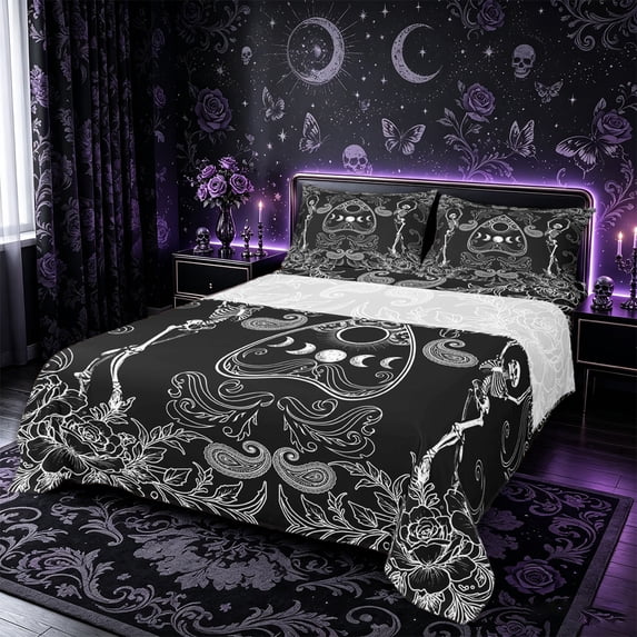 Castle Fairy Boho Skeleton King Sheets 4pcs,Spooky Rose Moonphase Bedding,White Black,1 Fitted Sheet,1 Flat Sheet and 2 Pillowcases