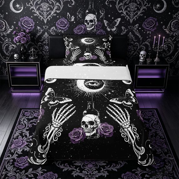 Castle Fairy Boho Skull Skeleton Hand Twin Sheets 3pcs,Gothic Moon Butterfly Flowers Bedding,Purple Black,1 Fitted Sheet,1 Flat Sheet and 1 Pillowcase
