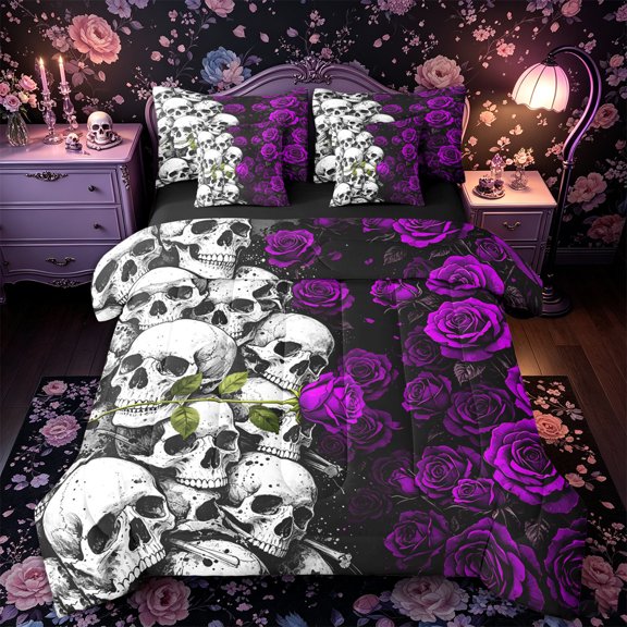 Castle Fairy Boho Stacked Skull 7-Piece Twin Bedding,Spooky Dark Rose Bedding Comforter Set,Lavender Black,Black Reversible