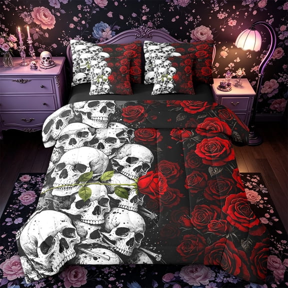 Castle Fairy Boho Stacked Skull 7-Piece Twin Bedding,Spooky Dark Rose Bedding Comforter Set,Scarlet Black,Black Reversible