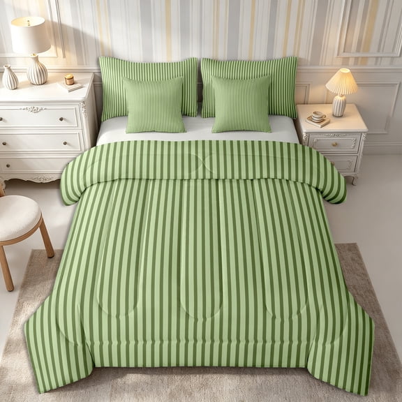 Castle Fairy Boho Thin Vertical Band 7-Piece Twin Bedding,Bohemian Linear Pattern Bedding Comforter Set,Sage Olive Green,Reversible