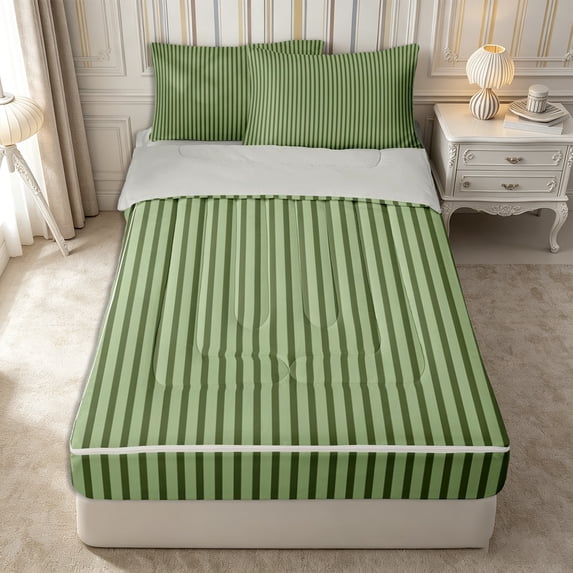 Castle Fairy Boho Thin Vertical Band Zipper Twin Comforter Sets with Fitted Sheet and 2 Pillowcases,Bohemian Linear Pattern Zipper Bedding Set,Sage Olive Green,Reversible