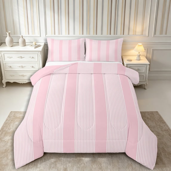 Castle Fairy Boho Thin Vertical Stripe Full Size Comforter Sets 3-Piece,Tribal Wide Band Bedding Comforter Set,Pale Pink White,Reversible,1 Comforter and 2 Pillowcases