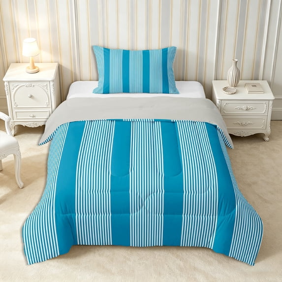 Castle Fairy Boho Thin Vertical Stripe Twin Comforter Sets 2pcs,Tribal Wide Band Bedding Set,Teal White,Reversible,1 Comforter and 1 Pillowcase