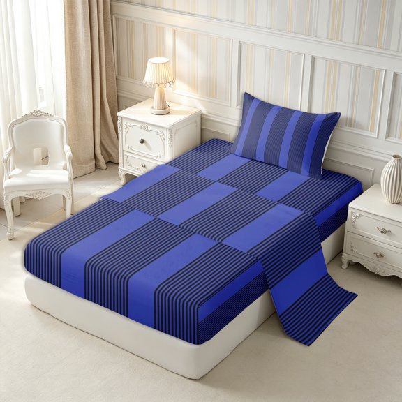 Castle Fairy Boho Thin Vertical Stripe Twin Sheets 3pcs,Tribal Wide Band Bedding,Black Navy,1 Flat Sheet, 1 Fitted Sheet and 1 Pillowcase