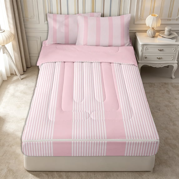 Castle Fairy Boho Thin Vertical Stripe Zipper Twin Comforter Sets with Fitted Sheet and 2 Pillowcases,Tribal Wide Band Zipper Bedding Set,Pale Pink White,Reversible