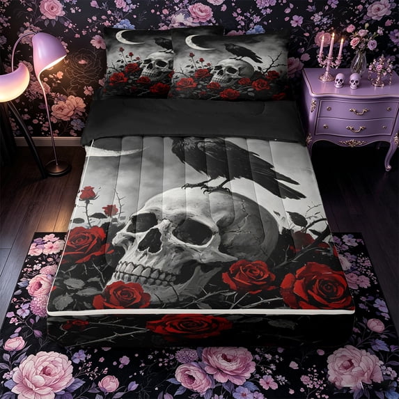 Castle Fairy Boho Thorn Rose Zipper Full Size Comforter Sets with Fitted Sheet and 2 Pillowcases,Gothic Crow Crescent Skull Zipper Bedding Set,Red Black,4pcs,Black Reversible
