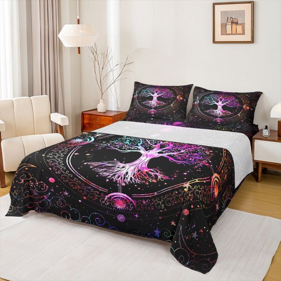 Castle Fairy Boho Tree Of Life Twin Sheet Sets 3pcs for Teenagers Boys Girls,Vintage Bohemian Hippie Theme Twin Fitted Sheet Microfiber,Abstract Gradient Universe Starry Sky Breathable Flat Sheet