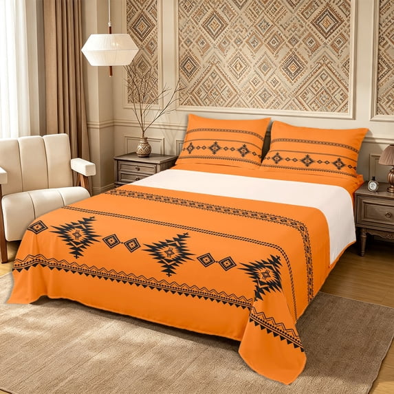 Castle Fairy Boho Tribal Aztec Bed Sheets 4-Piece,Hippie Tribal Theme Full Size Sheets,Orange Black,1 Flat Sheet, 1 Fitted Sheet and 2 Pillowcases