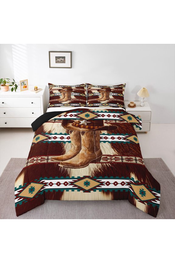 Boho Tribal Aztec Twin Comforter Sets,Western Cowboy Boots Bedding Set